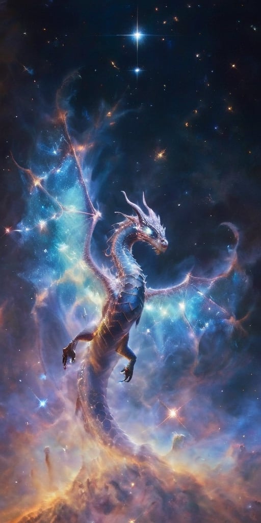 A massive dragon with shimmering scales of iridescent blue and silver, its wings spanning vast distances, gliding gracefully amidst a backdrop of swirling galaxies and twinkling stars. The dragon's eyes glow with the light of distant nebulae, and its breath creates beautiful trails of stardust behind it.
