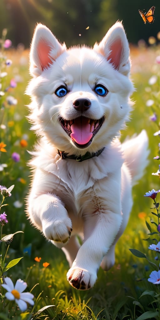 A Siberian husky puppy with piercing blue eyes and fluffy white fur, its playful energy boundless, bounds through a field of wildflowers, chasing a brightly colored butterfly. The puppy's pink tongue flops out in joyful exertion as it leaps and pounces, its soft fur catching the sunlight in a burst of white. The butterfly, with wings of vibrant orange and black, flits just out of reach, leading the energetic pup on a merry chase through the summer meadow.
