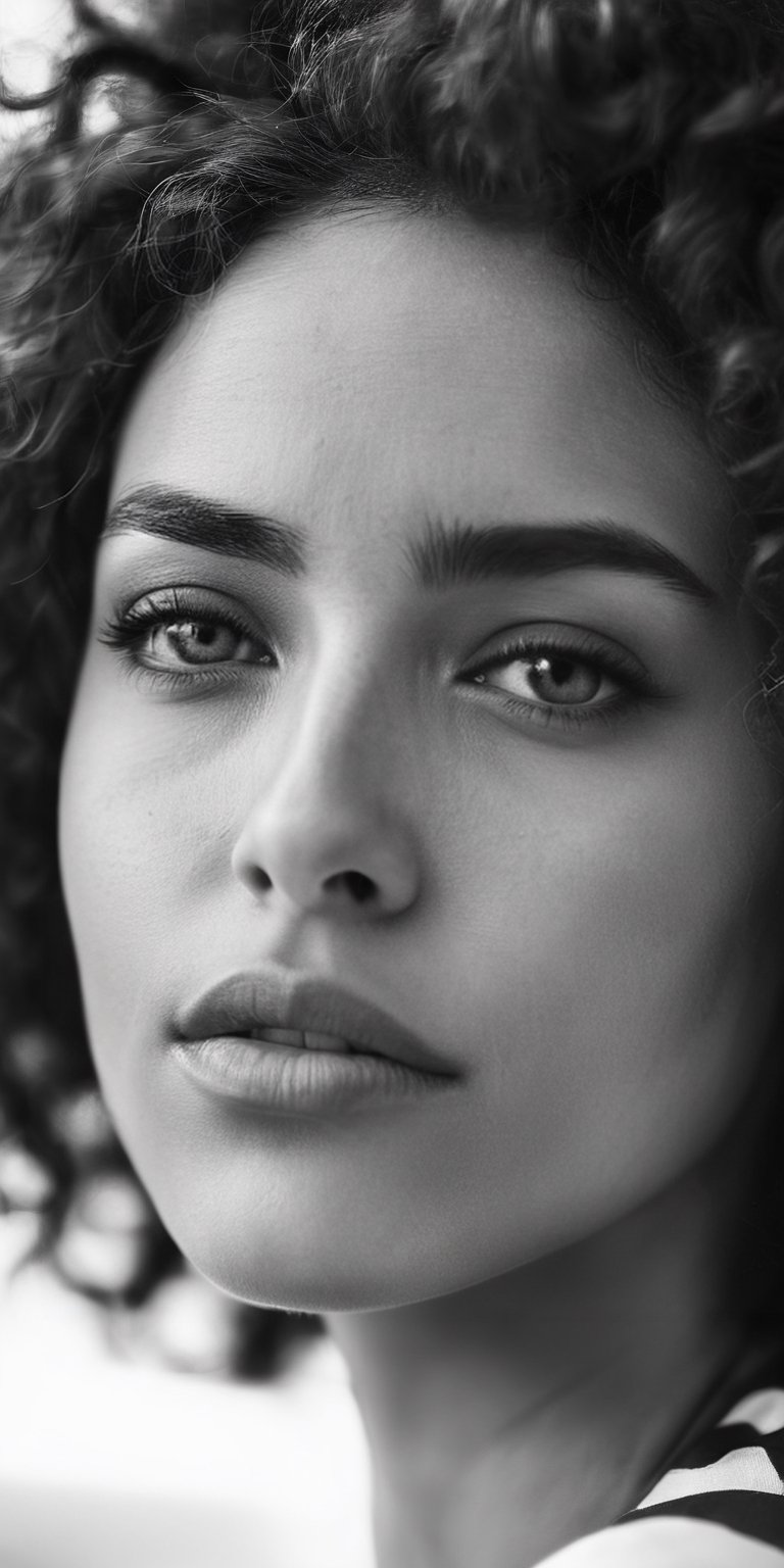 A black and white close-up portrait of a woman with soft, natural curls framing her face. Her expression is thoughtful and introspective. The background is blurred, creating a dreamy effect.
