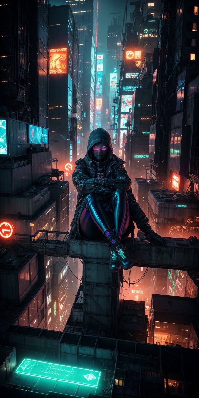 Gazing out at a cityscape bathed in the neon glow of holographic advertisements, a lone hacker sits perched on a rooftop. Her fingers dance across a holographic keyboard, her expression a mix of defiance and exhilaration as she cracks into the city's intricate digital infrastructure. In the shadows, she fights for freedom and justice in a world increasingly controlled by technology.
