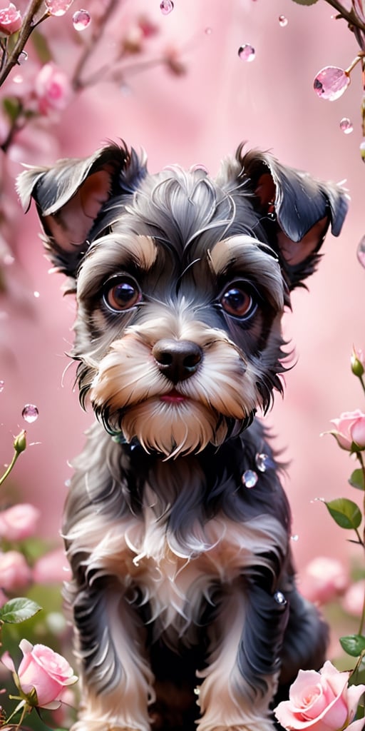 A close-up image of a Schnauzer puppy's face, framed by its wiry fur. The puppy's eyes sparkle with mischief as it fixates on a delicate pink butterfly fluttering in front of a rose bush. Dewdrops glisten on the rose petals, adding to the scene's charm.

