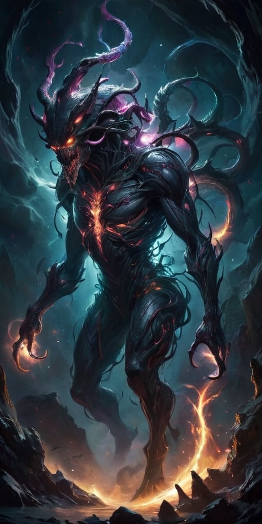 The Interdimensional Devourer From a rift between realities, a nightmarish being steps through. Its form is a twisted amalgamation of flesh and machinery, with tendrils of energy crackling around it. It emits a low, menacing hum that resonates with the very fabric of spacetime.
