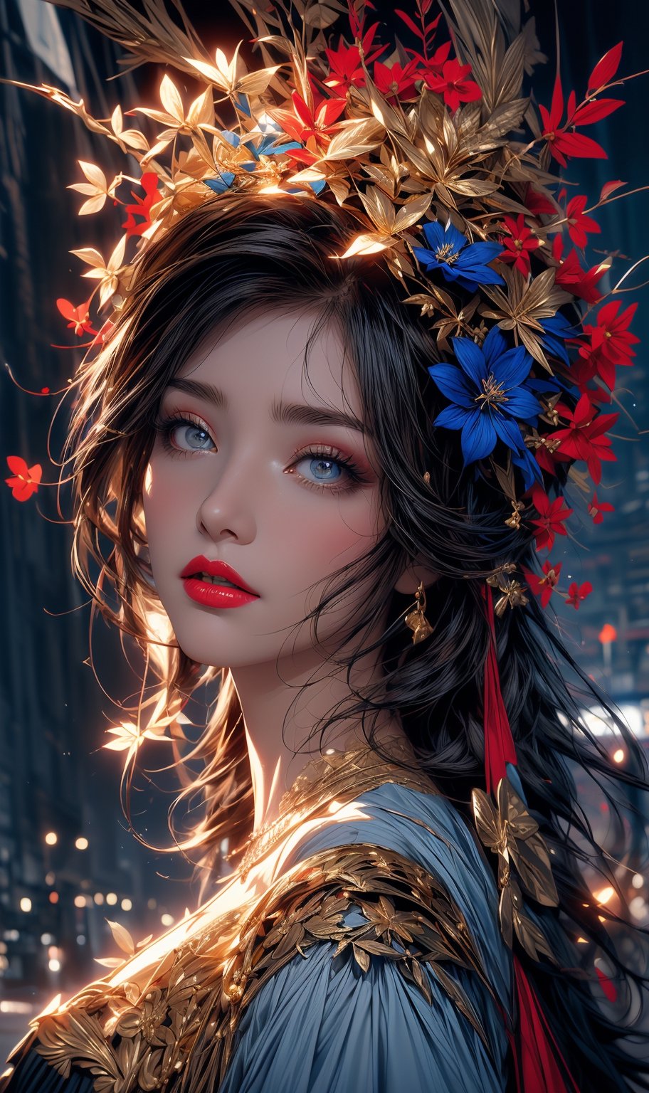 a colorful digital artwork of a beautiful woman, tree's branches, leaves and flowers in the style of mythic theme, graceful surrealism, depictions of urban life, (dark sky-blue and red, gold), portraitures with hidden meanings, caricature-like illustrations, metropolis meets nature ,midjourney, double exposure,1 girl