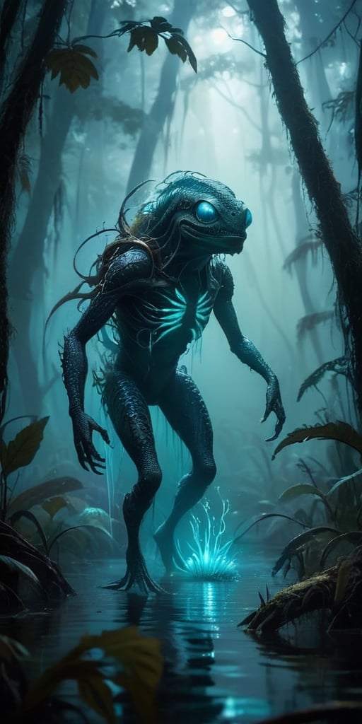 A monstrous, amphibious creature with bioluminescent markings emerges from a fog-shrouded swamp. Its webbed fingers leave glowing trails on the damp vegetation, and its croaking calls echo through the dense foliage, both a warning and a lure.
