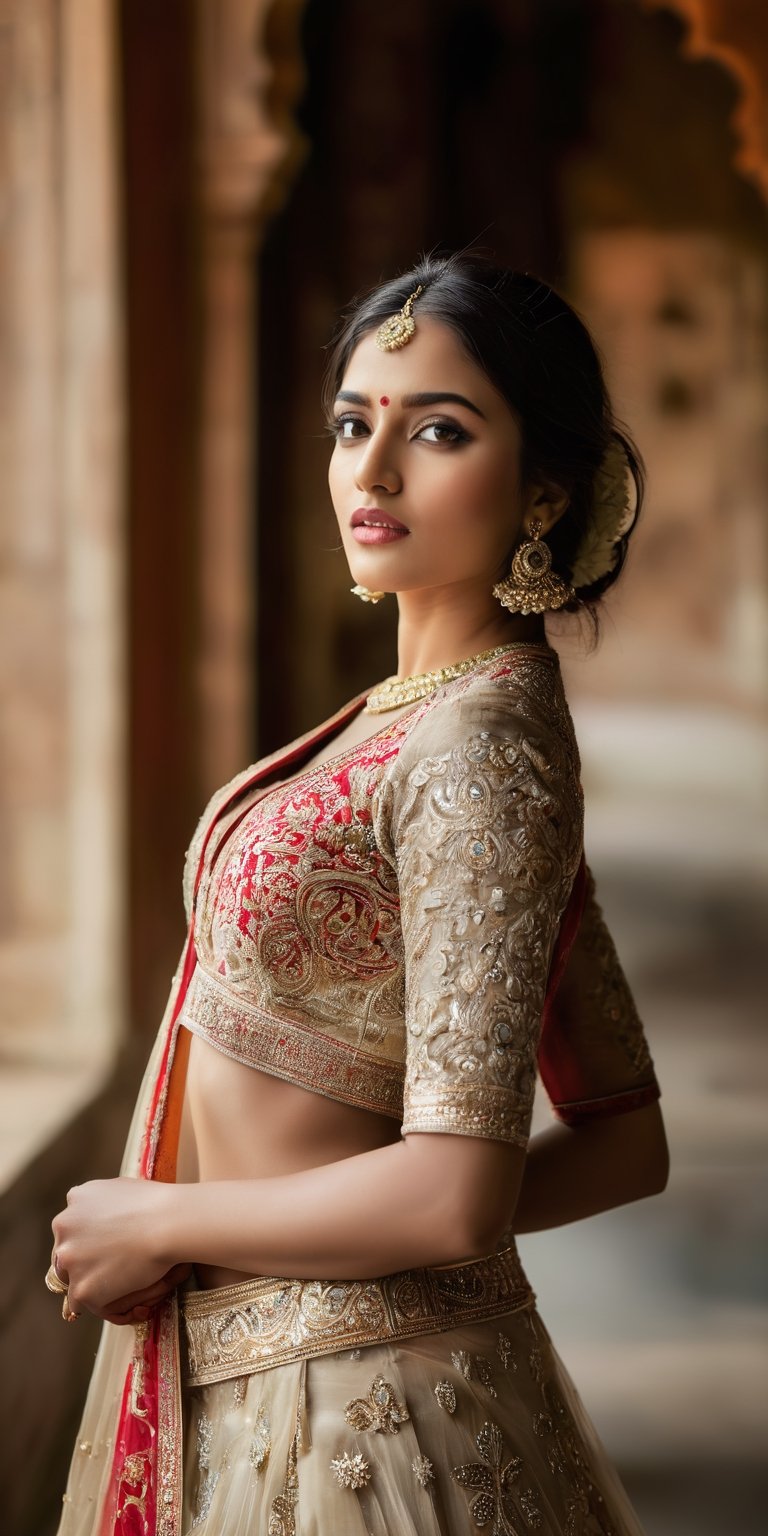 In this scene, the Indian model is captured against a backdrop of a traditional Indian palace. She is dressed in a regal lehenga choli, the intricate embroidery and shimmering fabric reflecting the grandeur of her surroundings. Her posture is poised and graceful, her expression serene yet captivating. The sunlight filters through ornate windows, casting a warm glow on her features, highlighting her beauty in this majestic setting.
