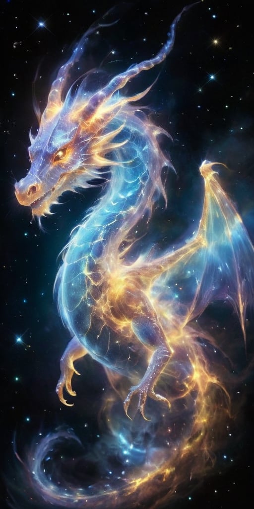 An ethereal dragon, translucent and shimmering like a ghostly apparition, its form outlined by the glow of distant stars. It soars through the void of space, leaving a trail of sparkling stardust in its wake, its eyes glowing with ancient wisdom as it navigates the cosmos.
