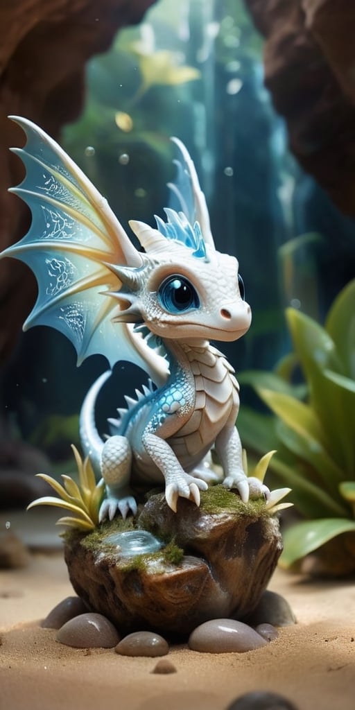 Within a tranquil oasis in the heart of a desert, a baby dragon with shimmering white scales basks in the cool, refreshing waters. Its wings, adorned with delicate patterns that shimmer like desert mirages, create a mesmerizing display of light and shadow as they gently fan the air. The dragon's presence seems to bring life to the barren landscape, as tiny sprouts emerge from the parched earth, symbolizing its connection to the rejuvenating power of water and the resilience of nature.
