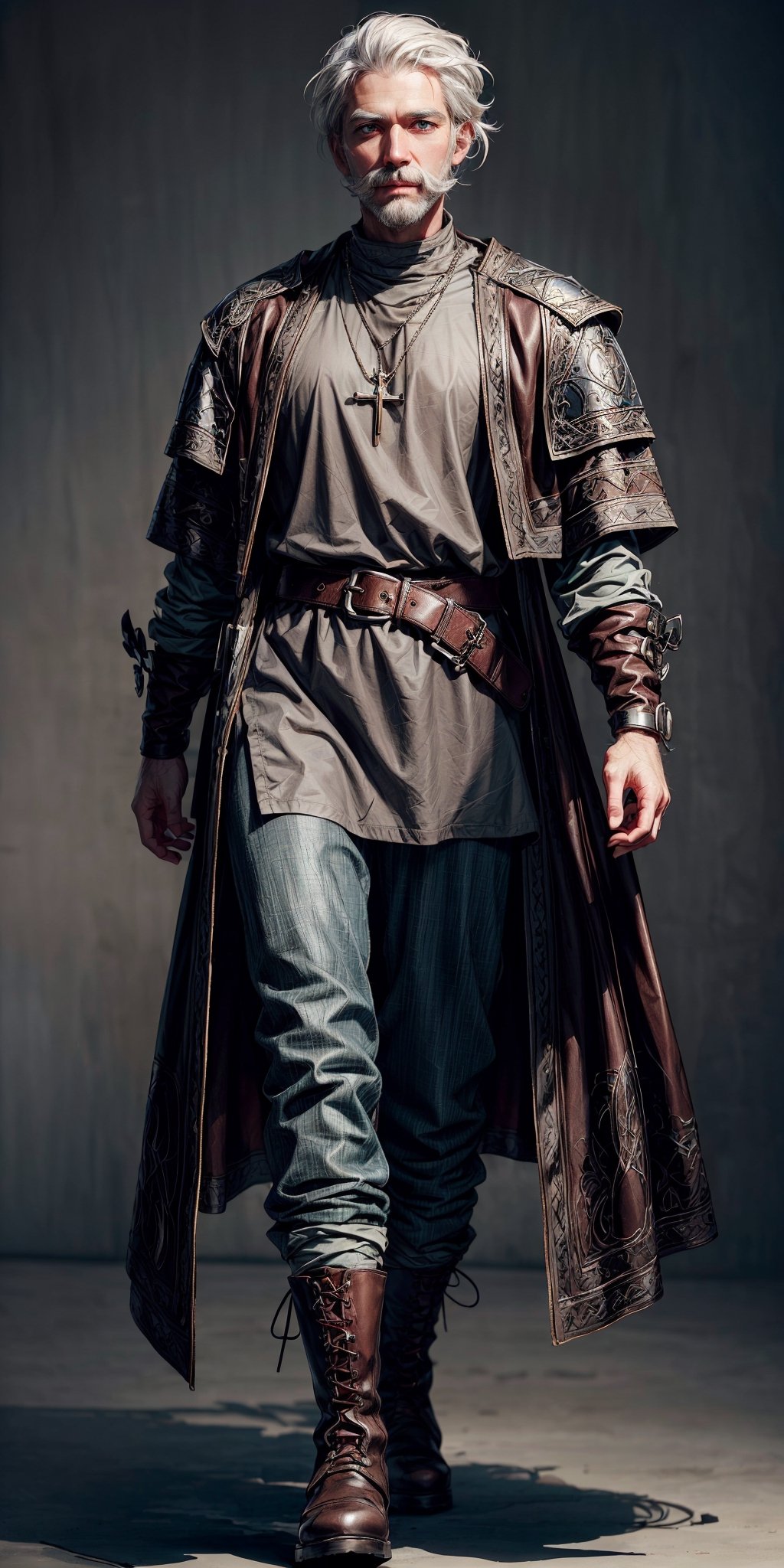 simple background,A 35 year old male,white hair,white mustache with a short white beard. strong,((grey medieval tunic)),brown loose medieval leather pants,adventure boots. Renaissance clothing,Stern look,green eyes,wearing an emerald on a small chain around his neck,cowboy shot ,,,holy magic around him,vamptech,,