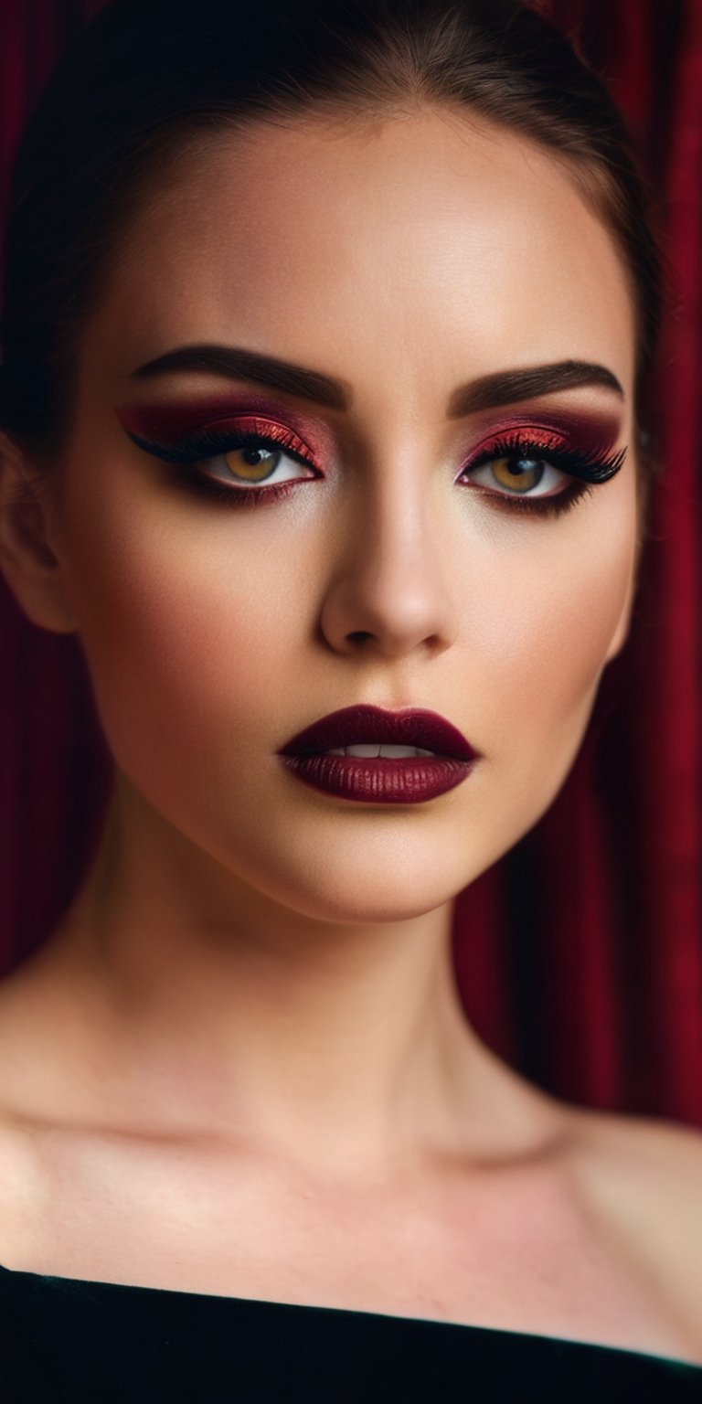 A close-up portrait of a woman with dramatic, theatrical makeup. Her eyes are bold and expressive, framed by thick lashes and dark eyeshadow. The background is a deep red velvet curtain.
