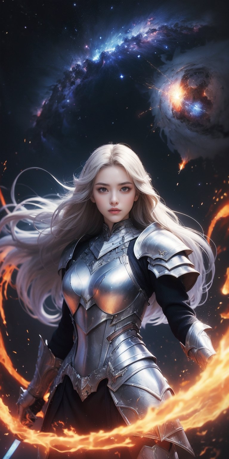 Celestial warrior A fierce and determined woman, clad in armor made of stardust and meteoric iron, wielding a sword forged in the heart of a supernova, ready to defend the cosmos.
