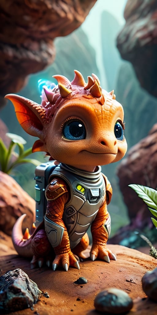 Space Adventure A baby dragon wearing a tiny spacesuit explores the surface of a mysterious planet. Behind it, a spaceship hovers, ready to take off. The dragon's curiosity is evident as it examines strange, glowing rocks and alien plants.