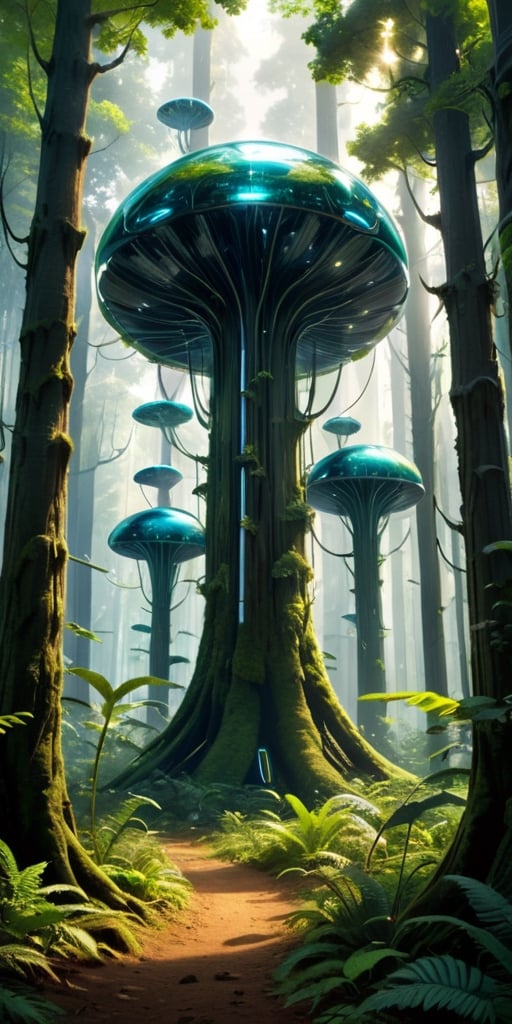 The Nanotech Forest A forest where every tree is a towering structure of nanotechnology, constantly growing and adapting to its surroundings. Nanobots swarm through the air, repairing and maintaining the forest, while larger nanotech creatures move through the underbrush, their forms shifting and changing as they hunt for energy sources.
