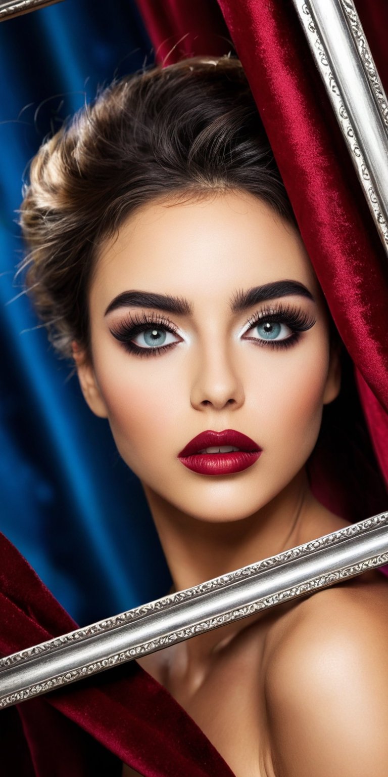 A close-up portrait of a woman with dramatic, theatrical makeup. Her eyes are bold and expressive, framed by thick lashes and dark eyeshadow. The background is a deep red velvet curtain.
