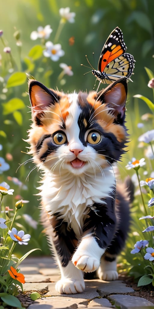 A playful scene of a calico kitten, its fur a patchwork of black, white, and orange, batting at a butterfly with its tiny paws. The butterfly, seemingly unfazed, flits around the kitten, leading it on a merry chase through a bed of blooming wildflowers. The image is a heartwarming portrayal of youthful curiosity and the joy of exploration.
