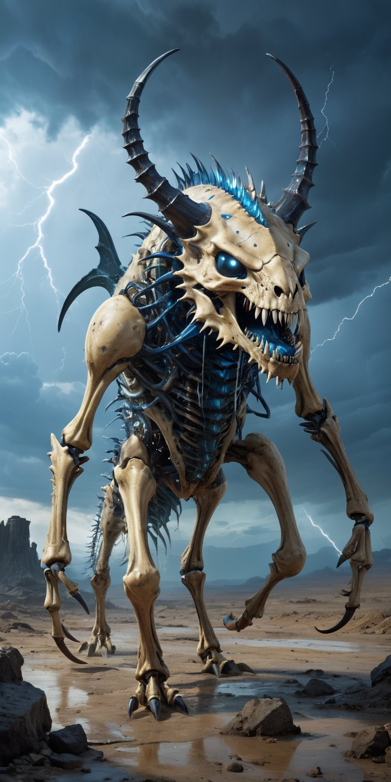 Bone Reaver A skeletal monstrosity with the body of a crustacean and the head of a saber-toothed cat. Its exoskeleton is covered in spiked protrusions, and its mandibles drip with a corrosive acid. Its eyes glow a haunting blue. The backdrop is a desolate wasteland under a sky filled with storm clouds and lightning.
