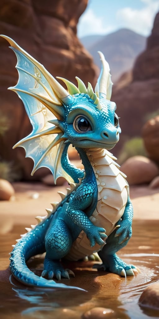 Within a tranquil oasis in the heart of a desert, a baby dragon with shimmering white scales basks in the cool, refreshing waters. Its wings, adorned with delicate patterns that shimmer like desert mirages, create a mesmerizing display of light and shadow as they gently fan the air. The dragon's presence seems to bring life to the barren landscape, as tiny sprouts emerge from the parched earth, symbolizing its connection to the rejuvenating power of water and the resilience of nature.
