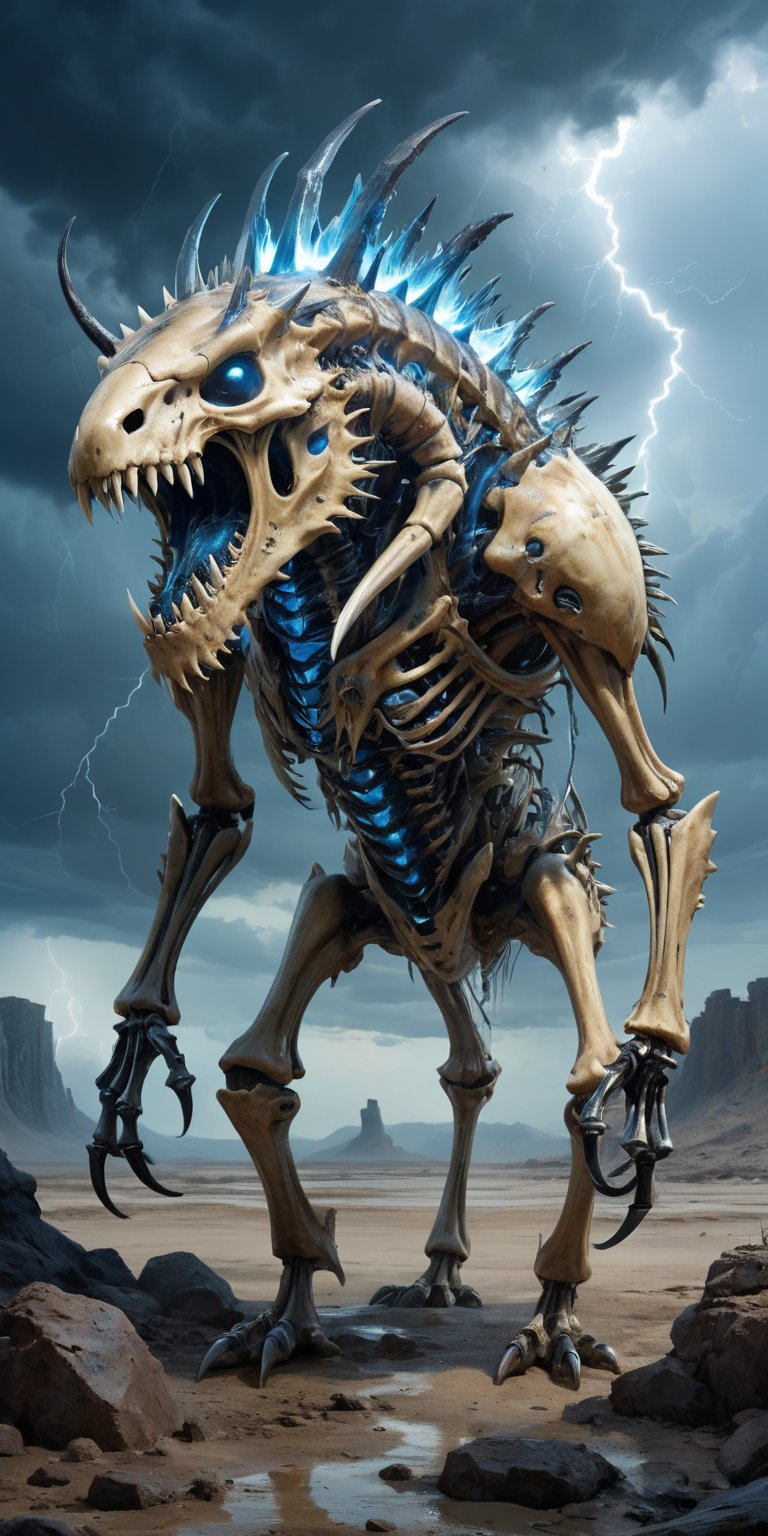 Bone Reaver A skeletal monstrosity with the body of a crustacean and the head of a saber-toothed cat. Its exoskeleton is covered in spiked protrusions, and its mandibles drip with a corrosive acid. Its eyes glow a haunting blue. The backdrop is a desolate wasteland under a sky filled with storm clouds and lightning.
