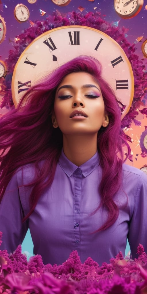 A South Asian girl with kaleidoscope eyes and flowing magenta hair, levitating amidst a dreamscape of floating clocks and melting landscapes.