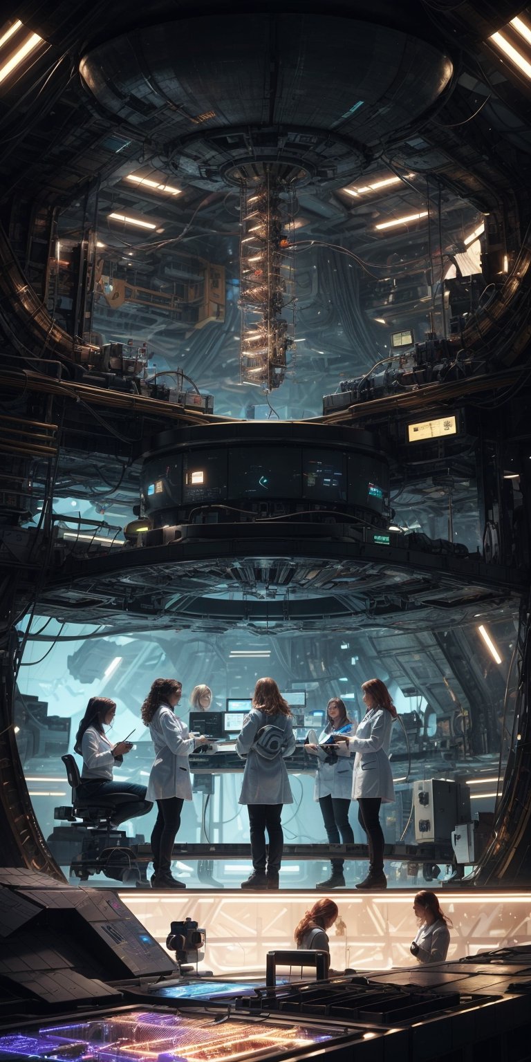 A diverse group of women scientists huddle around a console, their lab a symphony of futuristic equipment and glowing displays. The air crackles with excitement as they collaborate on a groundbreaking experiment, their shared passion and intellect fueling their quest to push the boundaries of human knowledge and innovation.
 
