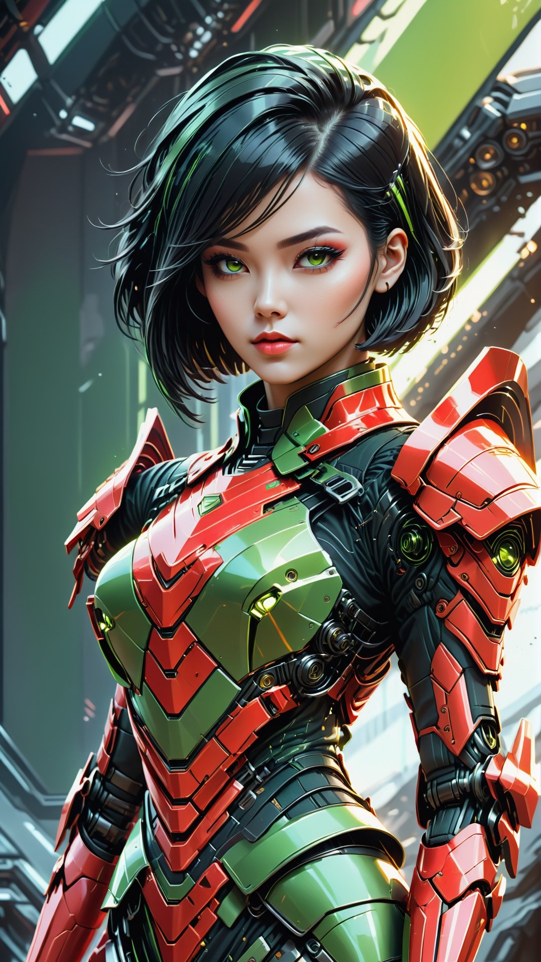 (Women wearing red
Neon green armoured dress), ( Angled bob style, black-hair) , (sci-fi background),Leonardo Style, illustration,vector art,mecha