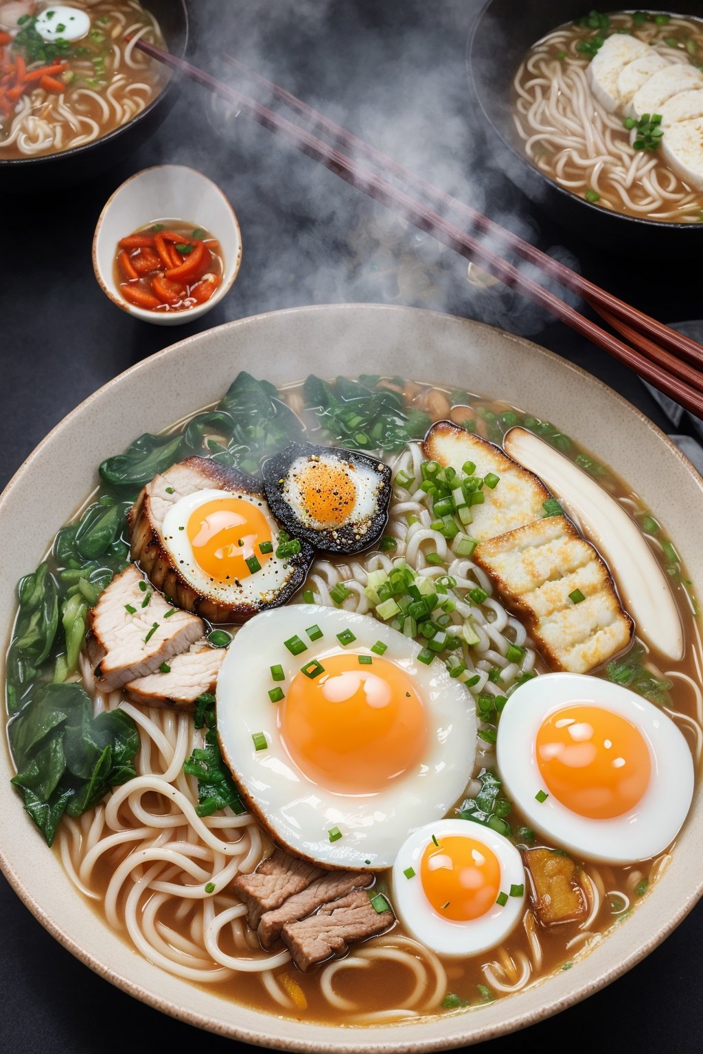 ultra detailed 8k cg, japanese ramen, chopsticks, egg, steam, boken