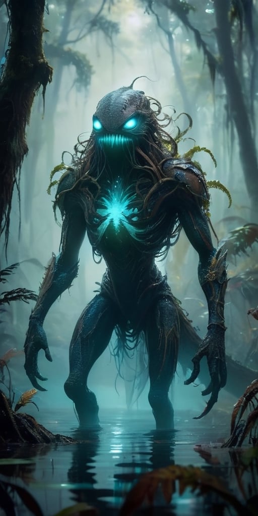 A monstrous, amphibious creature with bioluminescent markings emerges from a fog-shrouded swamp. Its webbed fingers leave glowing trails on the damp vegetation, and its croaking calls echo through the dense foliage, both a warning and a lure.
