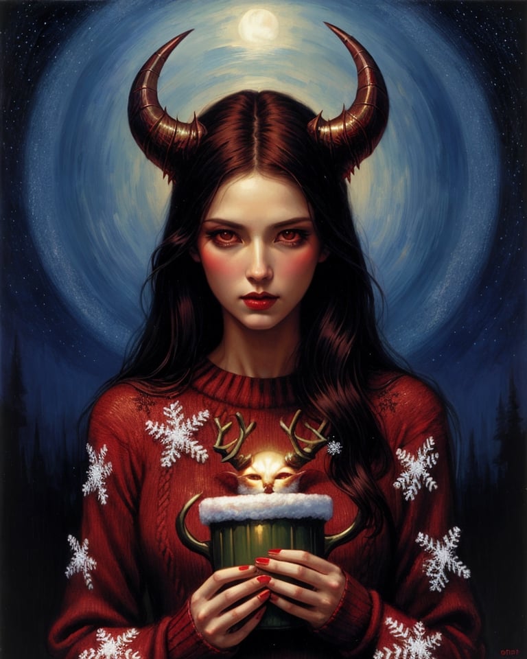 demon woman wearing a christmas sweater, upper body, art by gerald brom 