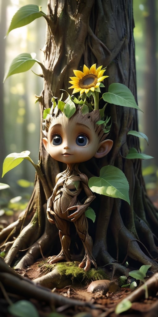 A baby treant sapling, no bigger than a sunflower, with leaves sprouting from its head and roots like tiny toes. Sunlight streams through the leaves, casting intricate shadows on the forest floor.
