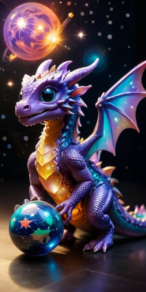 Galactic Playmate A baby dragon plays with a floating holographic projection of the solar system, swatting at the miniature planets and stars. The holographic lights cast a soft glow on its scales, making it look like a creature born of the stars themselves.