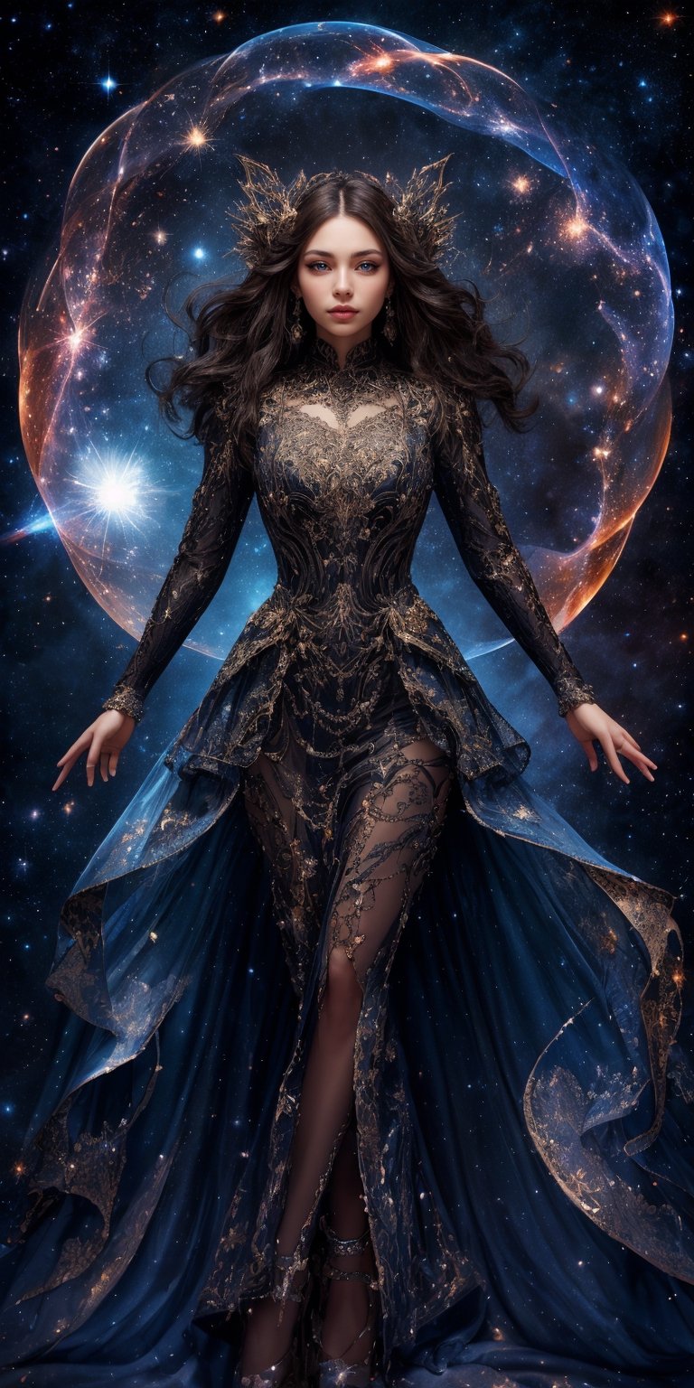 Starlight Sculptor in the Void A woman with eyes that shimmer like distant galaxies and hands that dance with stardust stands amidst a swirling nebula. Her flowing gown, composed of sculpted constellations and celestial bodies, reflects the vastness of space. She shapes nebulae with her touch, her creations echoing the beauty and mystery of the cosmos.
