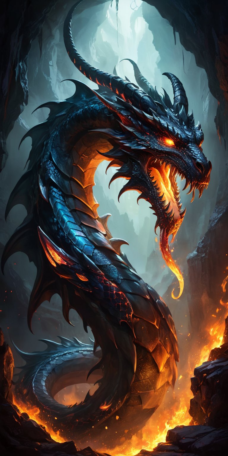 Dread Serpent A massive serpent with the scales of a dragon and the head of a demonic beast, complete with horns and fiery eyes. Its fangs are dripping with venom, and its body is adorned with glowing runes. The setting is a dark cavern lit by the eerie glow of crystals embedded in the walls.
