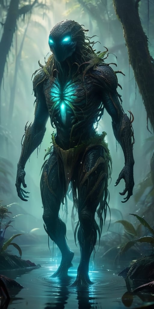 A monstrous, amphibious creature with bioluminescent markings emerges from a fog-shrouded swamp. Its webbed fingers leave glowing trails on the damp vegetation, and its croaking calls echo through the dense foliage, both a warning and a lure.
