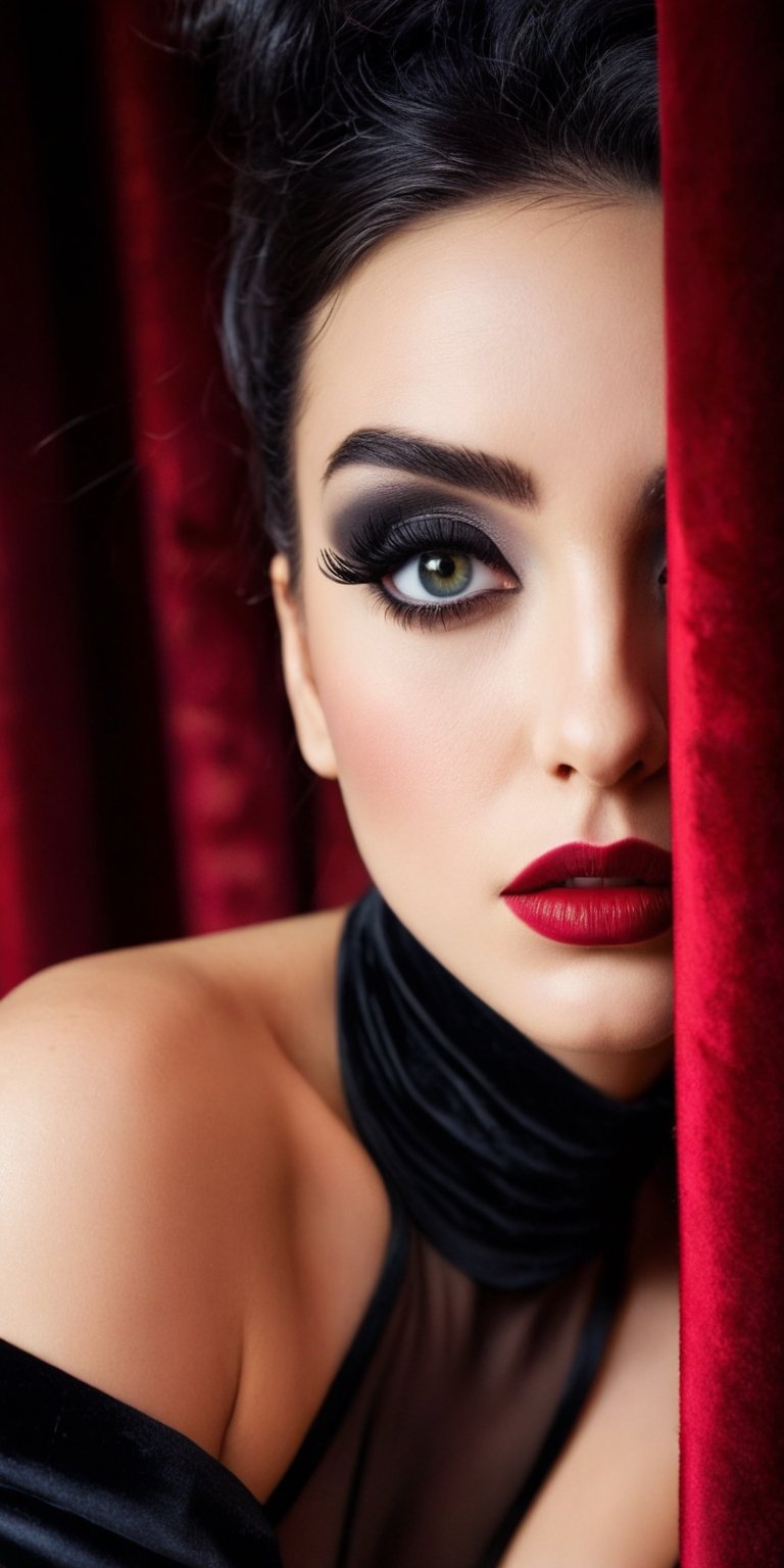 A close-up portrait of a woman with dramatic, theatrical makeup. Her eyes are bold and expressive, framed by thick lashes and dark eyeshadow. The background is a deep red velvet curtain.
