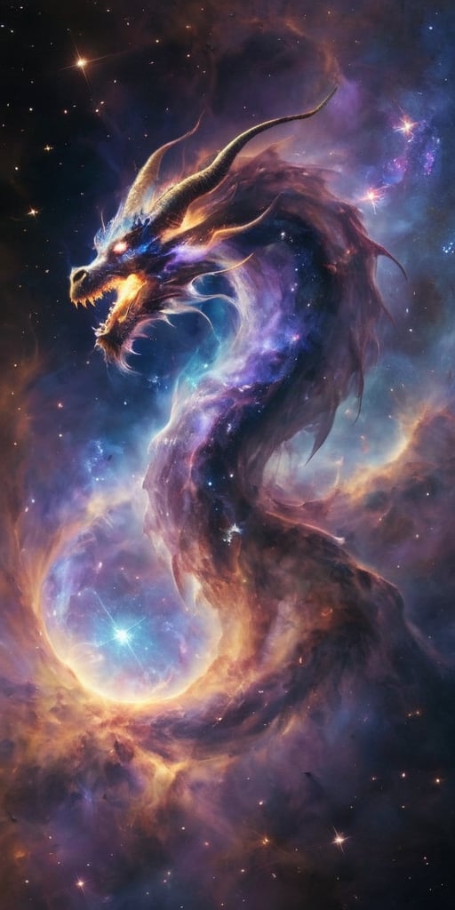 A cosmic dragon, its body a swirling vortex of stars and galaxies, with nebulae glowing softly within its translucent wings. It roars silently into the void, a beacon of majestic power and otherworldly beauty in the infinite expanse of space.
