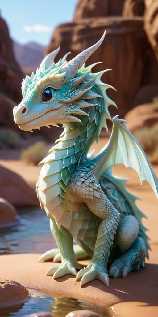 Within a tranquil oasis in the heart of a desert, a baby dragon with shimmering white scales basks in the cool, refreshing waters. Its wings, adorned with delicate patterns that shimmer like desert mirages, create a mesmerizing display of light and shadow as they gently fan the air. The dragon's presence seems to bring life to the barren landscape, as tiny sprouts emerge from the parched earth, symbolizing its connection to the rejuvenating power of water and the resilience of nature.
