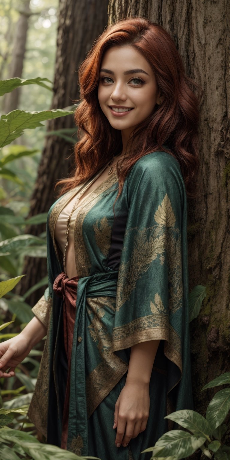 A Latina woman with fiery red hair cascading down her back and bright green eyes sparkling with mischief, leans against the trunk of a giant, ancient redwood tree in a sun-dappled forest. She wears a cloak woven from emerald leaves and carries a mischievous grin.
