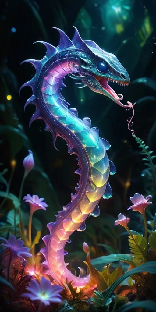 A colossal, serpentine creature with iridescent scales and glowing spines undulates through a field of bioluminescent flowers on an alien planet. Its forked tongue flickers as it samples the exotic flora, its bioluminescence pulsing in sync with the flowers' rhythmic glow.
