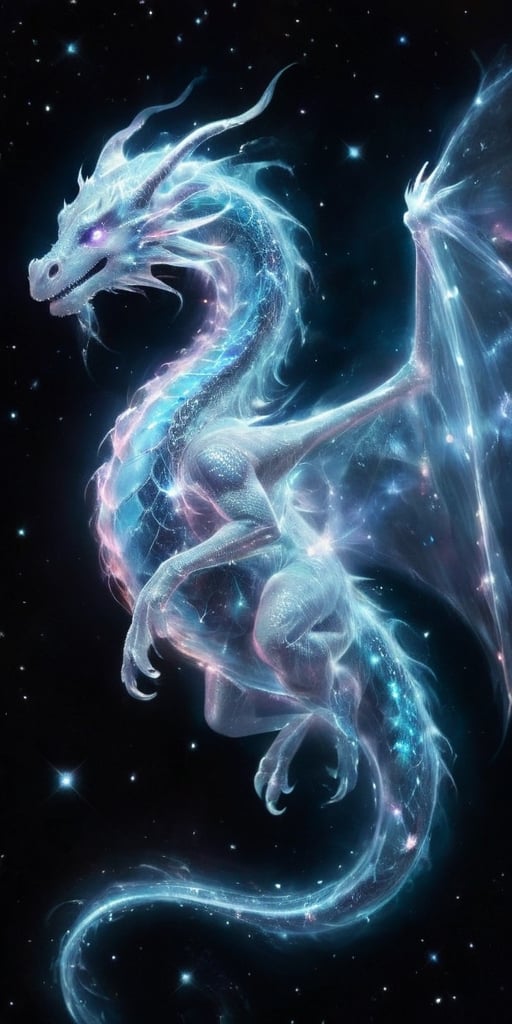 An ethereal dragon, translucent and shimmering like a ghostly apparition, its form outlined by the glow of distant stars. It soars through the void of space, leaving a trail of sparkling stardust in its wake, its eyes glowing with ancient wisdom as it navigates the cosmos.
