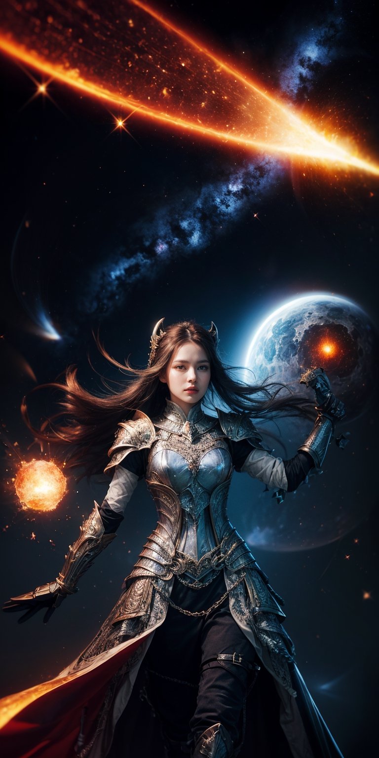 Celestial warrior A fierce and determined woman, clad in armor made of stardust and meteoric iron, wielding a sword forged in the heart of a supernova, ready to defend the cosmos.
