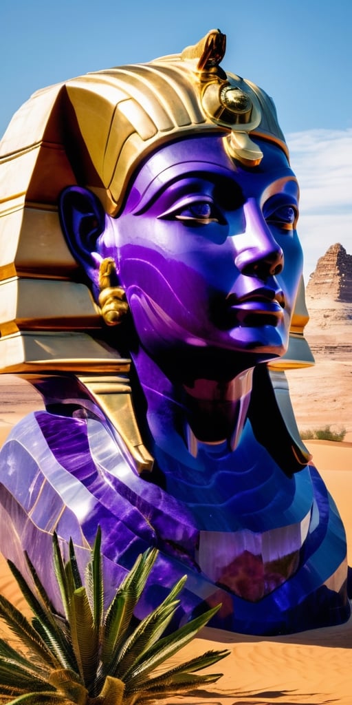 A colossal sphinx carved from living amethyst, its eyes glowing with molten gold, guards a forgotten oasis. Lush greenery spills from its mane, contrasting with the harsh desert landscape, hinting at the secrets it protects.
