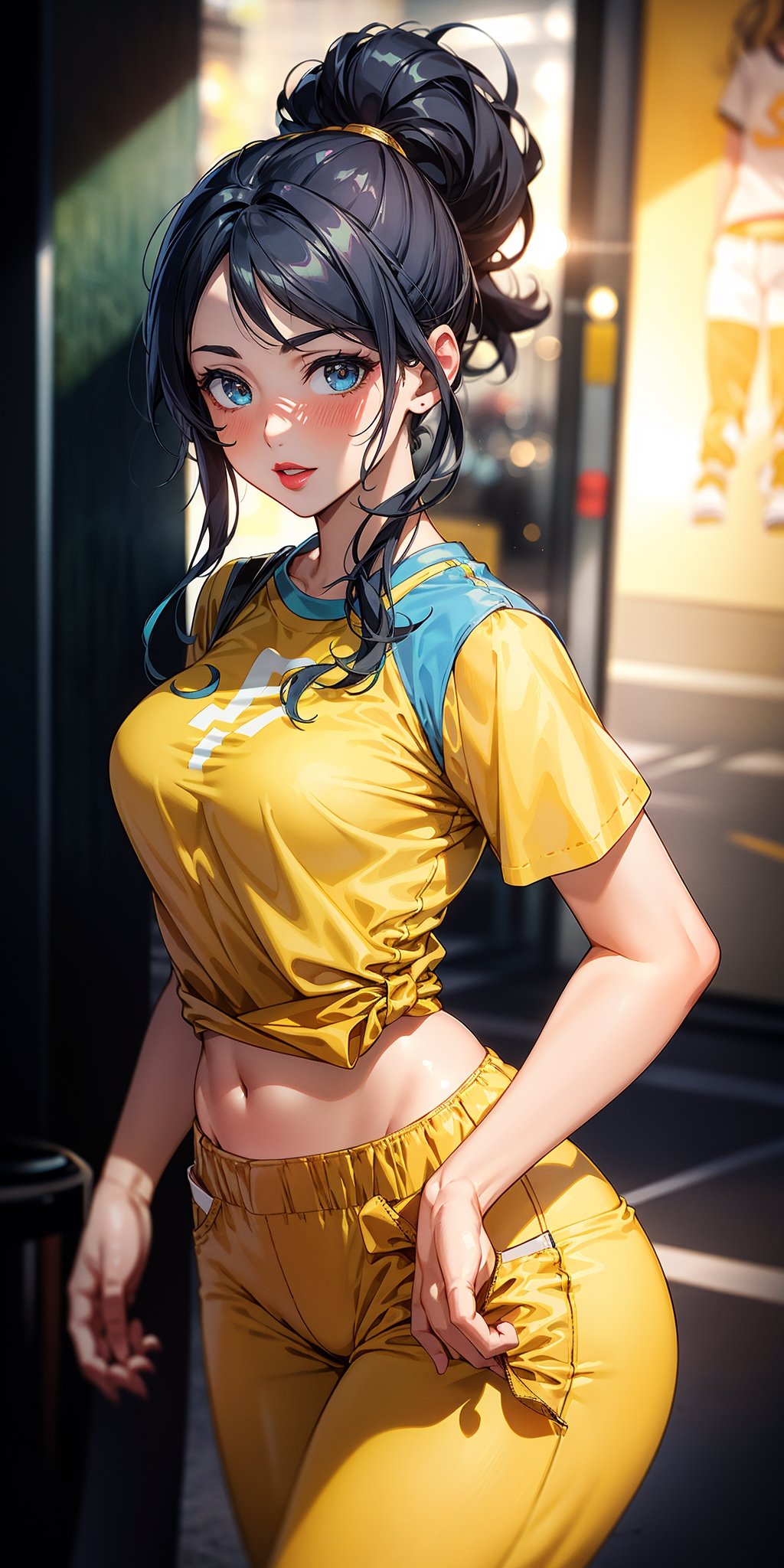 Realistic, Masterpiece, (high quality image),
A very beautiful Indian woman , beautiful eyes, long hair, blue hair,parted lips, lipstick , mackup, blush, perfect curvy figure, wide hips,((yellow colour tshirt)),((white sports pant))photo realistic, super high detailed super realistic image, 32k ultra HDR high quality image, photorealistic, perfect hands, detailed fingers, 