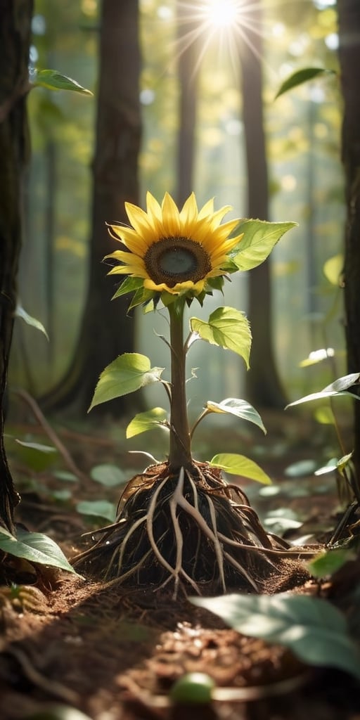 A baby treant sapling, no bigger than a sunflower, with leaves sprouting from its head and roots like tiny toes. Sunlight streams through the leaves, casting intricate shadows on the forest floor.
