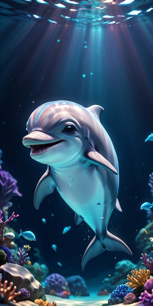 close up angle of, cut body, ((),(3d dolphin )) surrounded by underwater,( )  ,animal, detailed focus, deep bokeh, beautiful, , dark cosmic background. Visually delightful , 3D,more detail XL,chibi