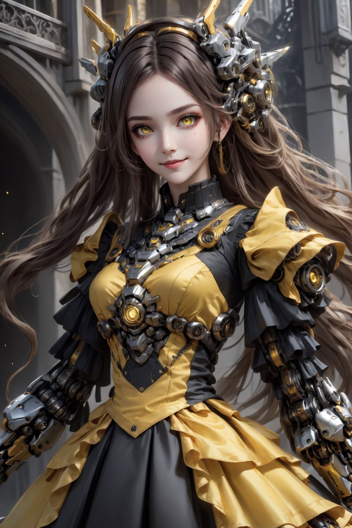 (masterpiece, top quality, best quality, official art, beautiful and aesthetic:1.2), (gothic_girl), light smile, yellow dress, intricate dress, highest detailed, zoom_out, perfect eyes, random hairstyle,mecha