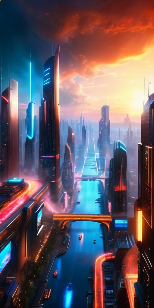 Cityscape of the Future A sprawling metropolis, towering skyscrapers reaching towards a smog-filled sky, neon lights and holographic advertisements flickering against the backdrop of a setting sun. Flying vehicles zip between buildings, and enormous digital billboards cast a colorful glow over the bustling streets below.