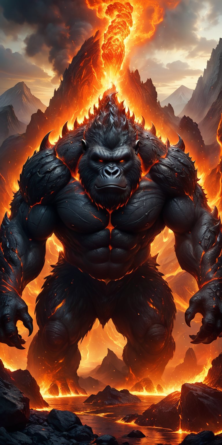 Infernal Behemoth A hulking creature with the body of a gorilla and the head of a dragon, with flames flickering from its nostrils and mouth. Its skin is charred and cracked, revealing molten lava beneath. Its massive hands end in claws that can crush rock. The scene is set in a volcanic landscape, with rivers of lava and erupting geysers.
