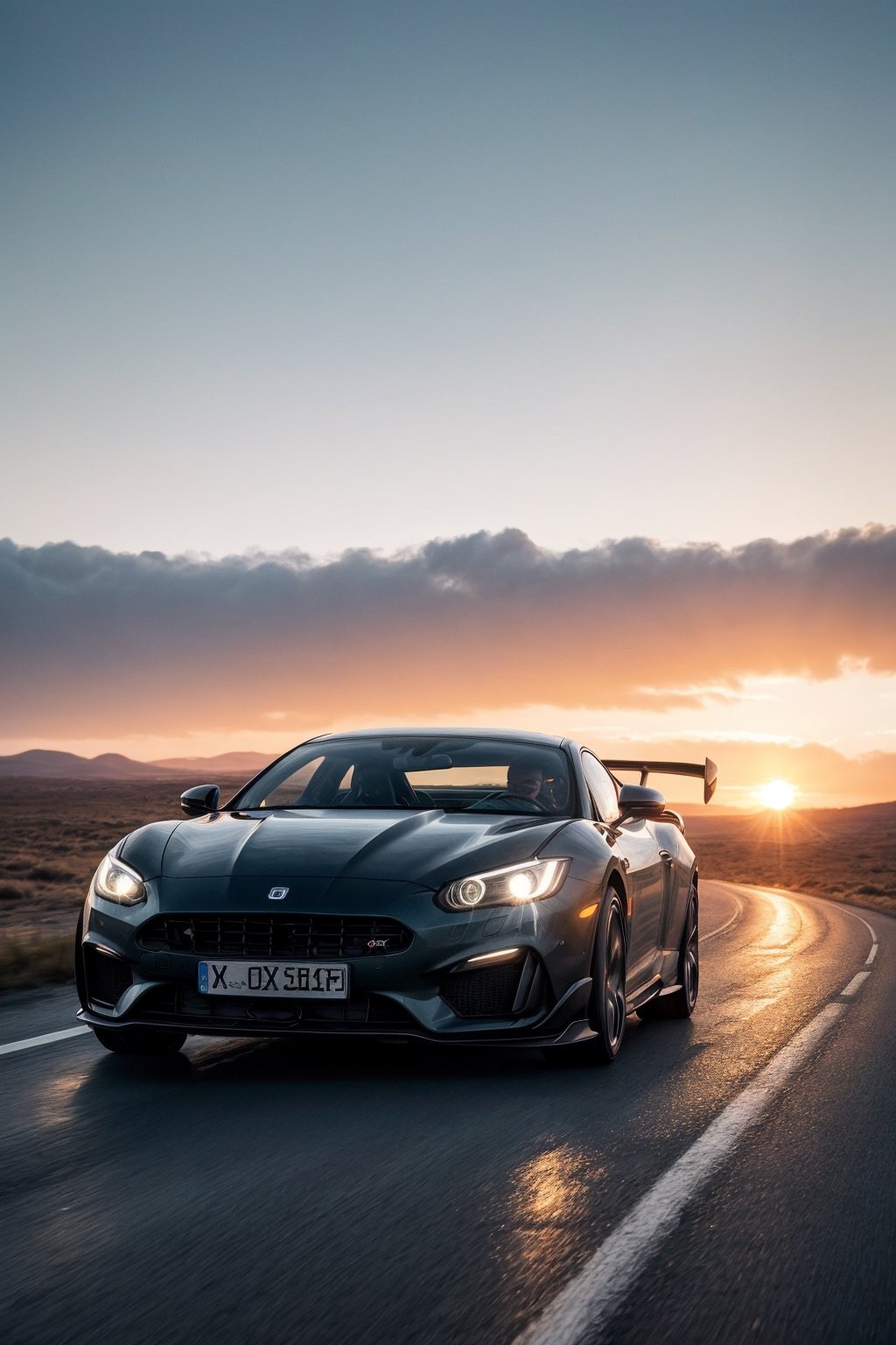 photo of a supercar, 8k uhd, high quality, road, sunset, motion blur, depth blur, cinematic, filmic image 4k, 8k with [George Miller's Mad Max style]. The image should be [ultra-realistic], with [high-resolution] captured in [natural light]. The lighting should create [soft shadows] and showcase the [raw] and [vibrant colors], volumetric dtx, depth blur, blurry background, bokeh, (motion blur:1.001)