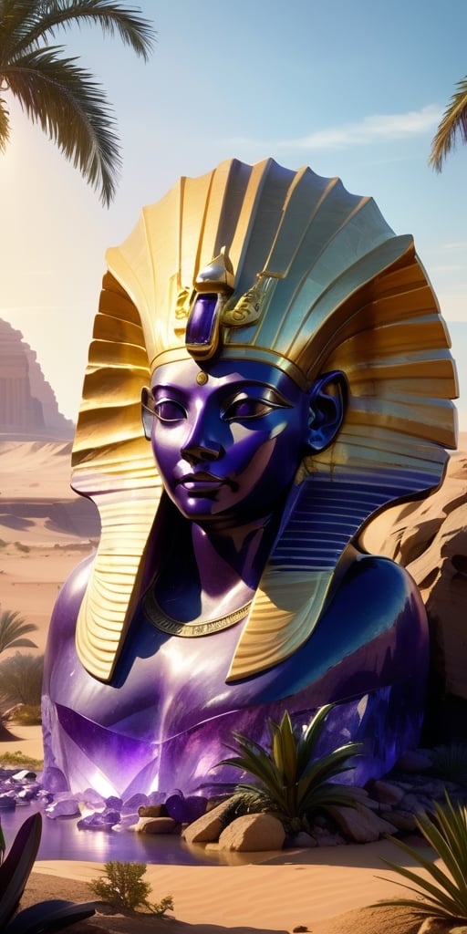 A colossal sphinx carved from living amethyst, its eyes glowing with molten gold, guards a forgotten oasis. Lush greenery spills from its mane, contrasting with the harsh desert landscape, hinting at the secrets it protects.
, 