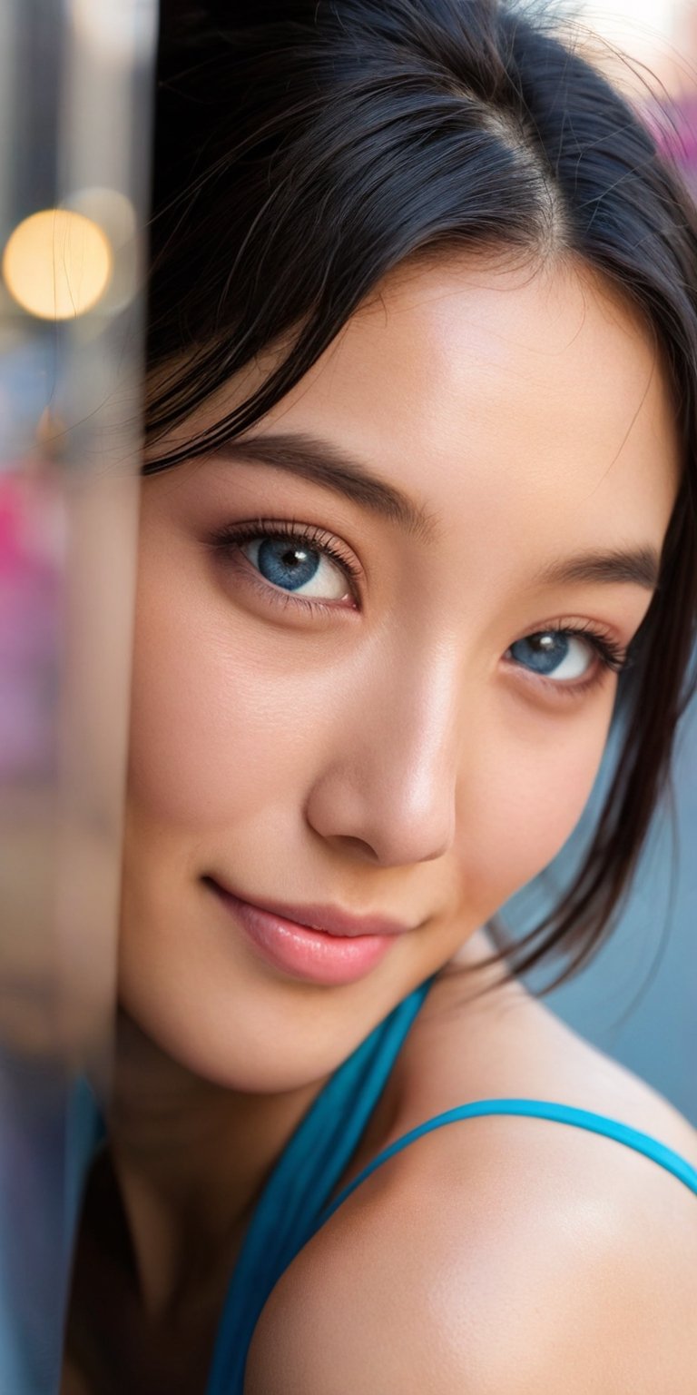 A close-up portrait of a woman with Asian features, her eyes crinkled at the corners from smiling. She has short, dark hair with streaks of pink and blue. The background is a bustling city street scene.
