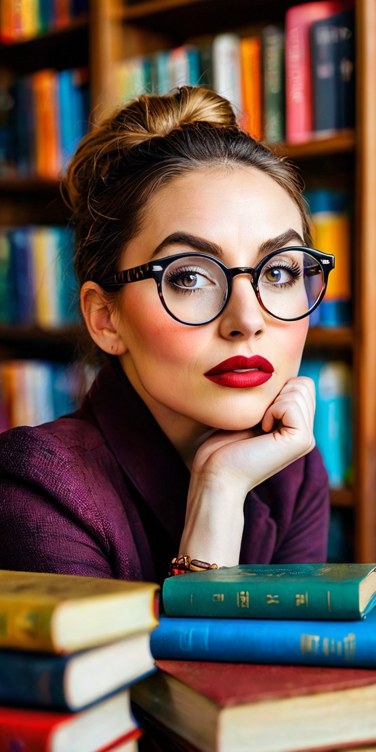 A close-up portrait of a woman with large, round glasses perched on her nose. Her eyes sparkle with intelligence and her lips are pursed in concentration. The background is a bookshelf overflowing with colorful books.
